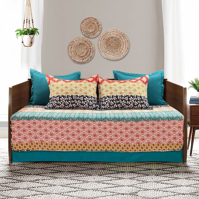 LushDecor Bohemian Stripe Cotton Daybed Cover 6 Piece Set in Turquoise_Tangerine