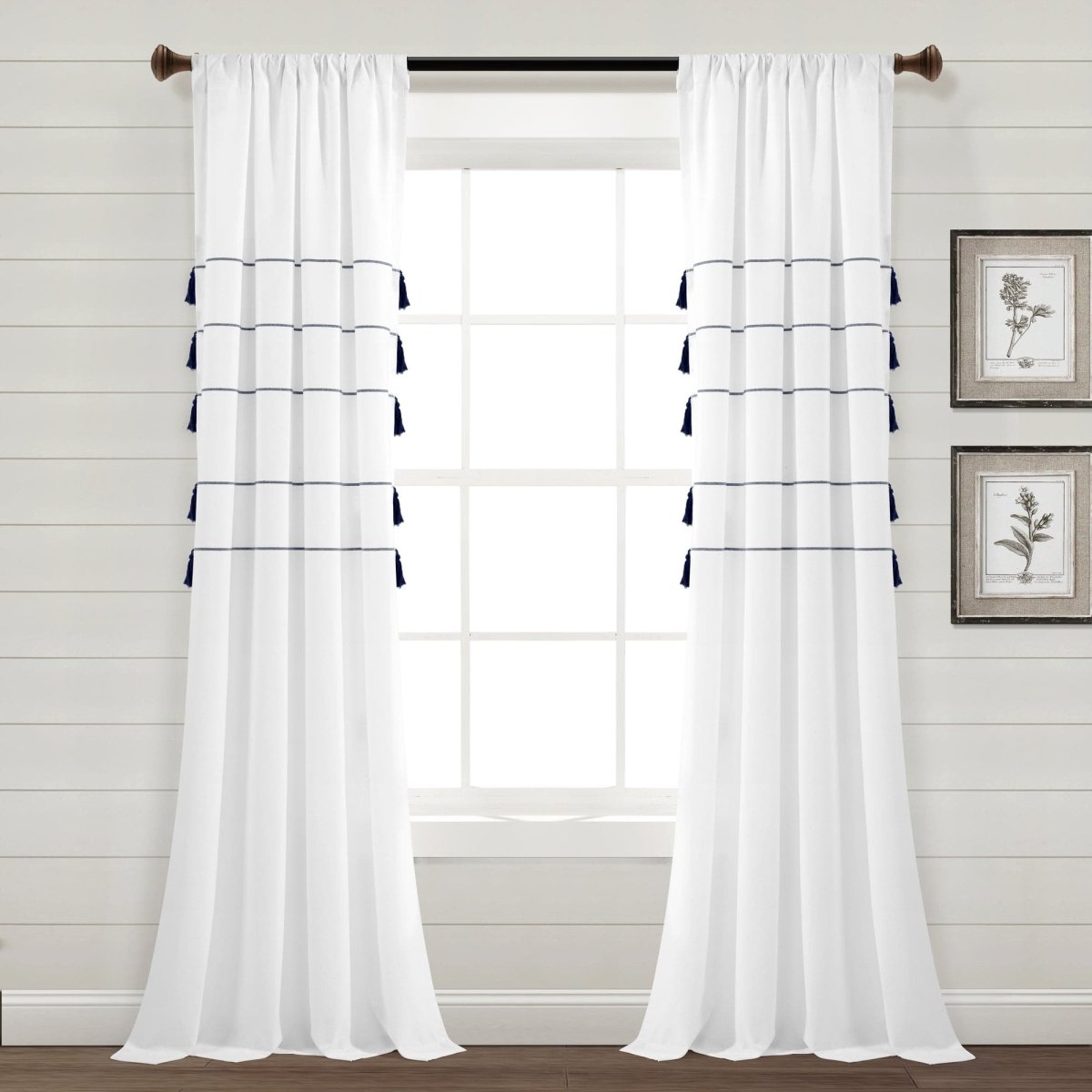 Farmhouse Boho Stripe Woven Tassel Recycled Cotton Window Curtain Panel Set
