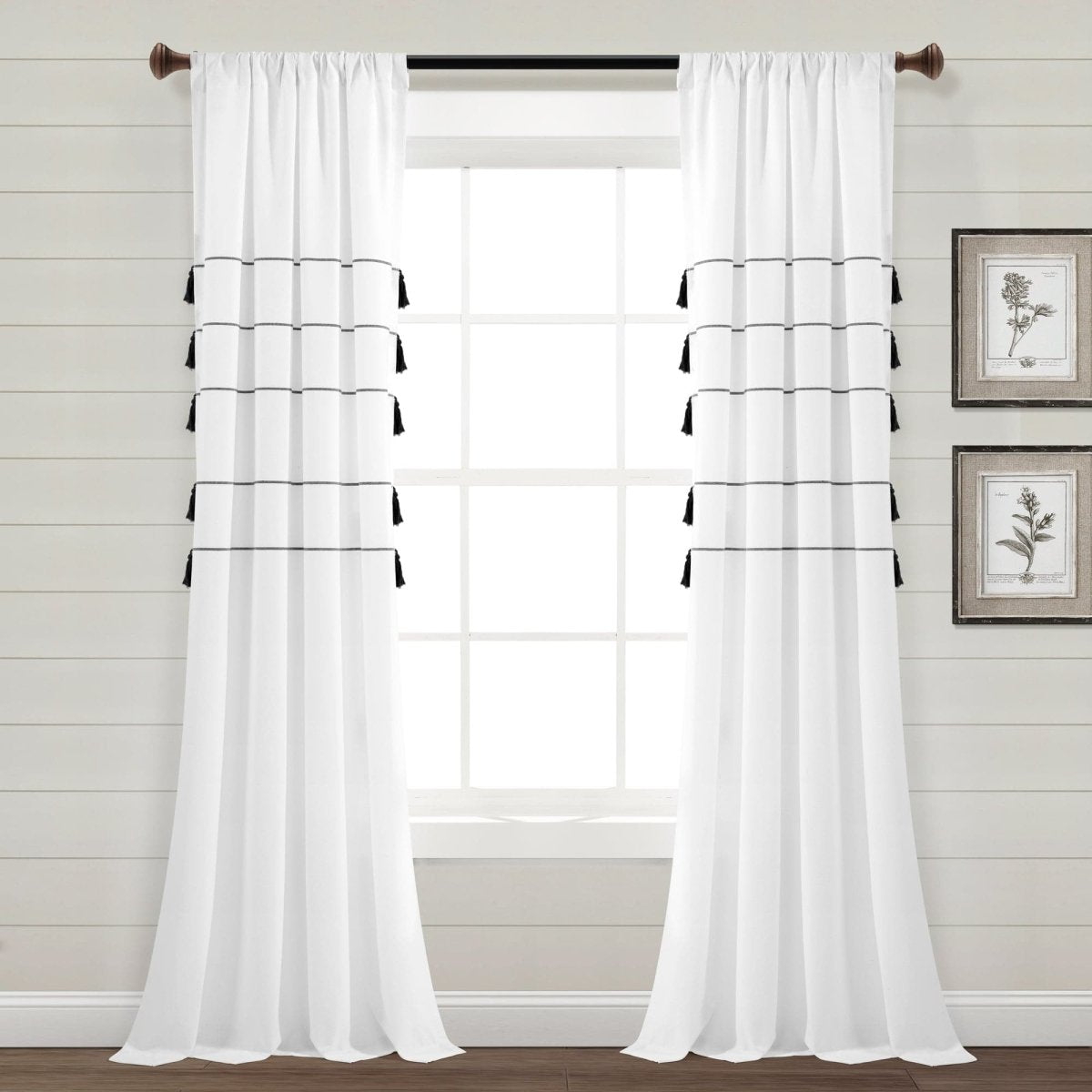 Farmhouse Boho Stripe Woven Tassel Recycled Cotton Window Curtain Panel Set