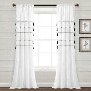 Farmhouse Boho Stripe Woven Tassel Recycled Cotton Window Curtain Panel Set