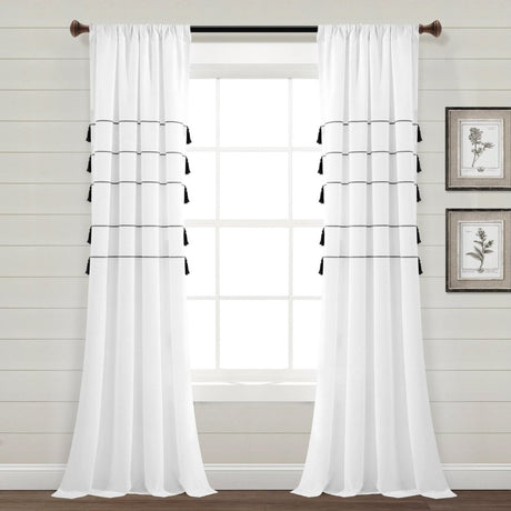 Farmhouse Boho Stripe Woven Tassel Recycled Cotton Window Curtain Panel Set