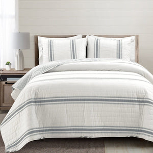 LushDecor Farmhouse Stripe Reversible Cotton Quilt Set in Dark Gray