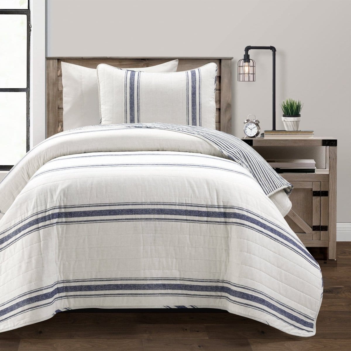 LushDecor Farmhouse Stripe Reversible Cotton Quilt Set in Navy - view 2