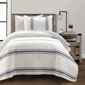 LushDecor Farmhouse Stripe Reversible Cotton Quilt Set in Navy - view 2