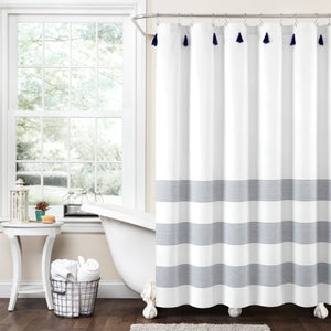 Boho Tassel Stripe Yarn Dyed Recycled Cotton Blend Shower Curtain