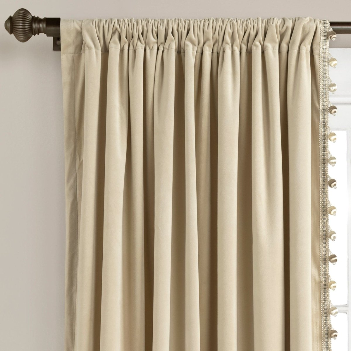 Luxury Vintage Velvet Window Curtain Panel with Silky Pompom Trim