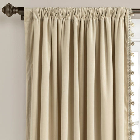 Luxury Vintage Velvet Window Curtain Panel with Silky Pompom Trim