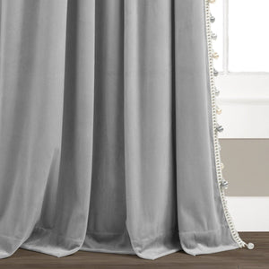 Luxury Vintage Velvet Window Curtain Panel with Silky Pompom Trim