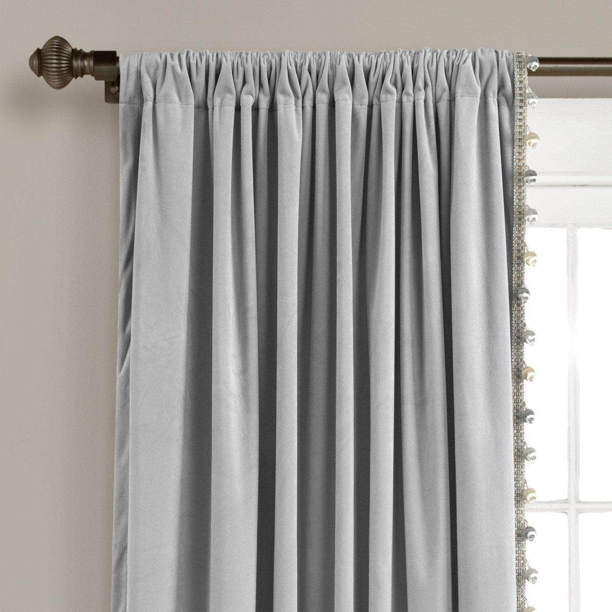 Luxury Vintage Velvet Window Curtain Panel with Silky Pompom Trim