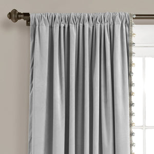 Luxury Vintage Velvet Window Curtain Panel with Silky Pompom Trim
