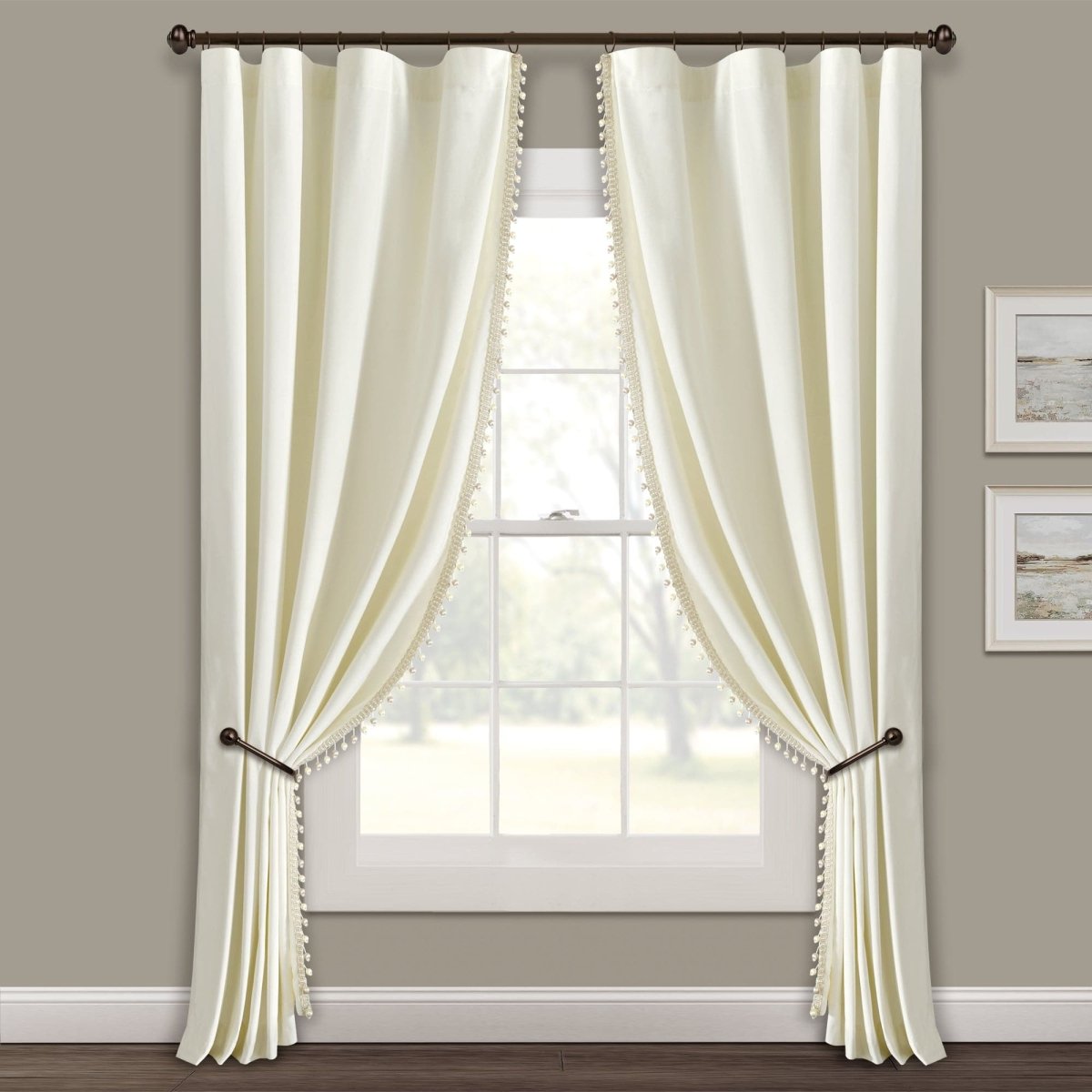Luxury Vintage Velvet Window Curtain Panel with Silky Pompom Trim