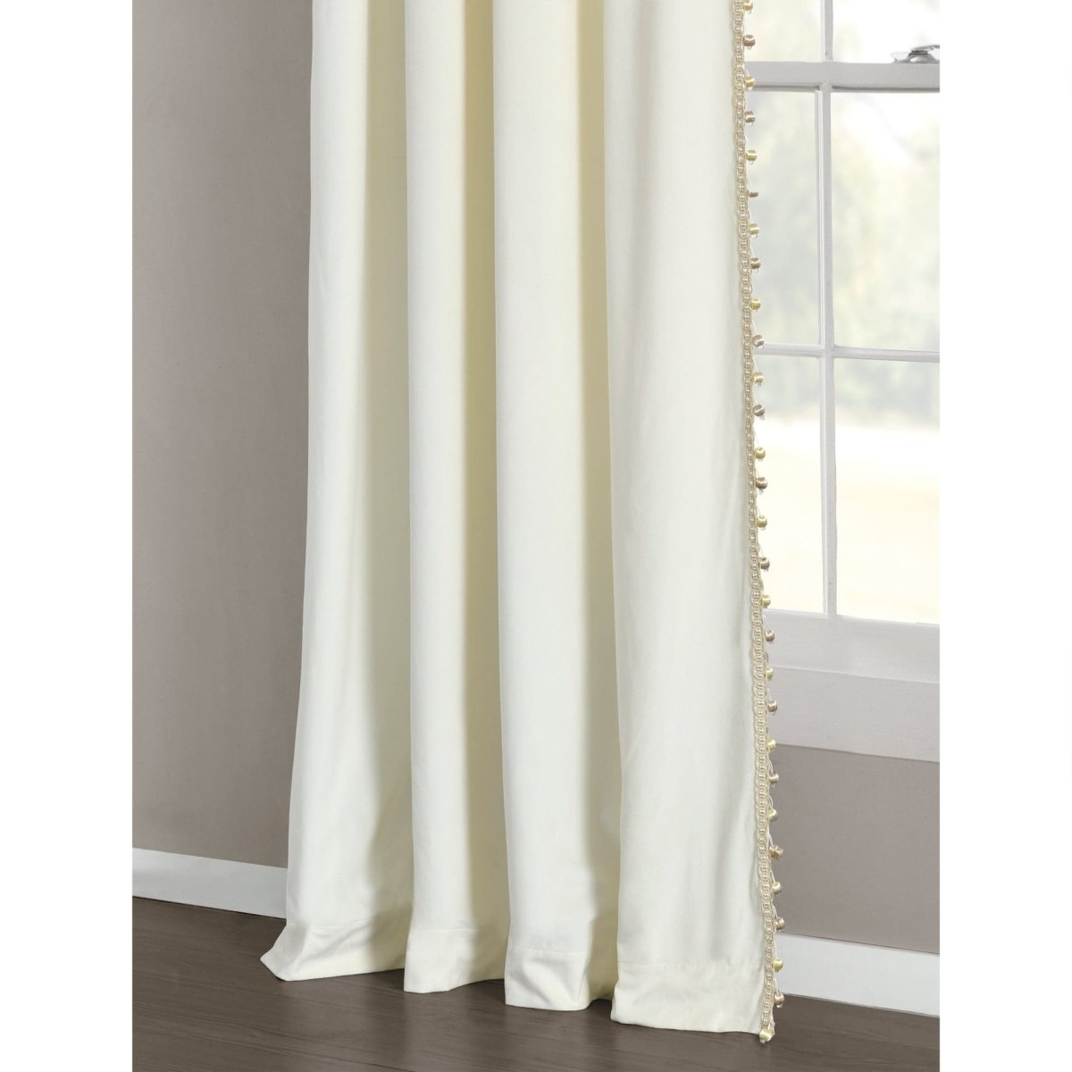 Luxury Vintage Velvet Window Curtain Panel with Silky Pompom Trim