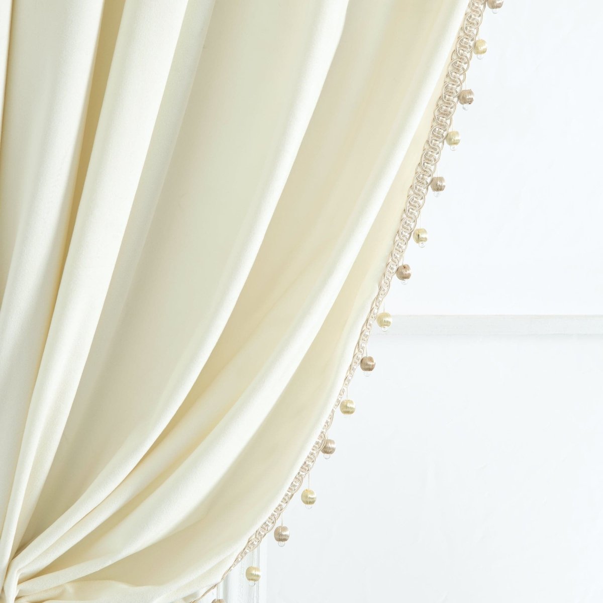 Luxury Vintage Velvet Window Curtain Panel with Silky Pompom Trim