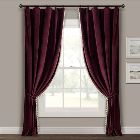 Luxury Vintage Velvet Window Curtain Panel with Silky Pompom Trim