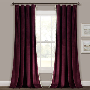 Luxury Vintage Velvet Window Curtain Panel with Silky Pompom Trim