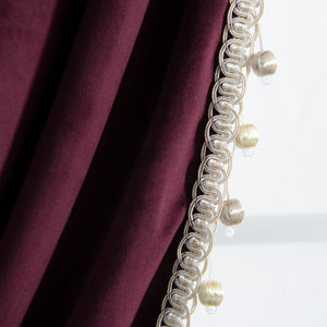 Luxury Vintage Velvet Window Curtain Panel with Silky Pompom Trim