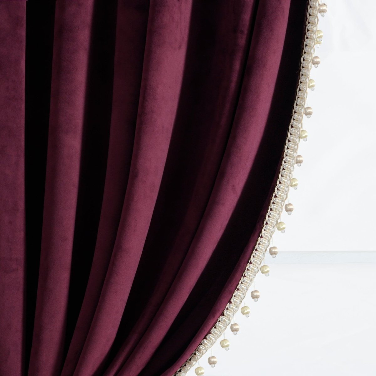Luxury Vintage Velvet Window Curtain Panel with Silky Pompom Trim