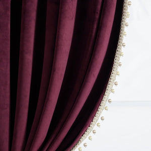 Luxury Vintage Velvet Window Curtain Panel with Silky Pompom Trim