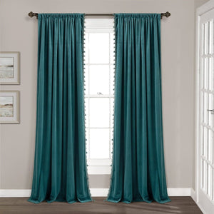 Luxury Vintage Velvet Window Curtain Panel with Silky Pompom Trim