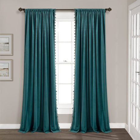 Luxury Vintage Velvet Window Curtain Panel with Silky Pompom Trim