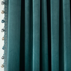 Luxury Vintage Velvet Window Curtain Panel with Silky Pompom Trim