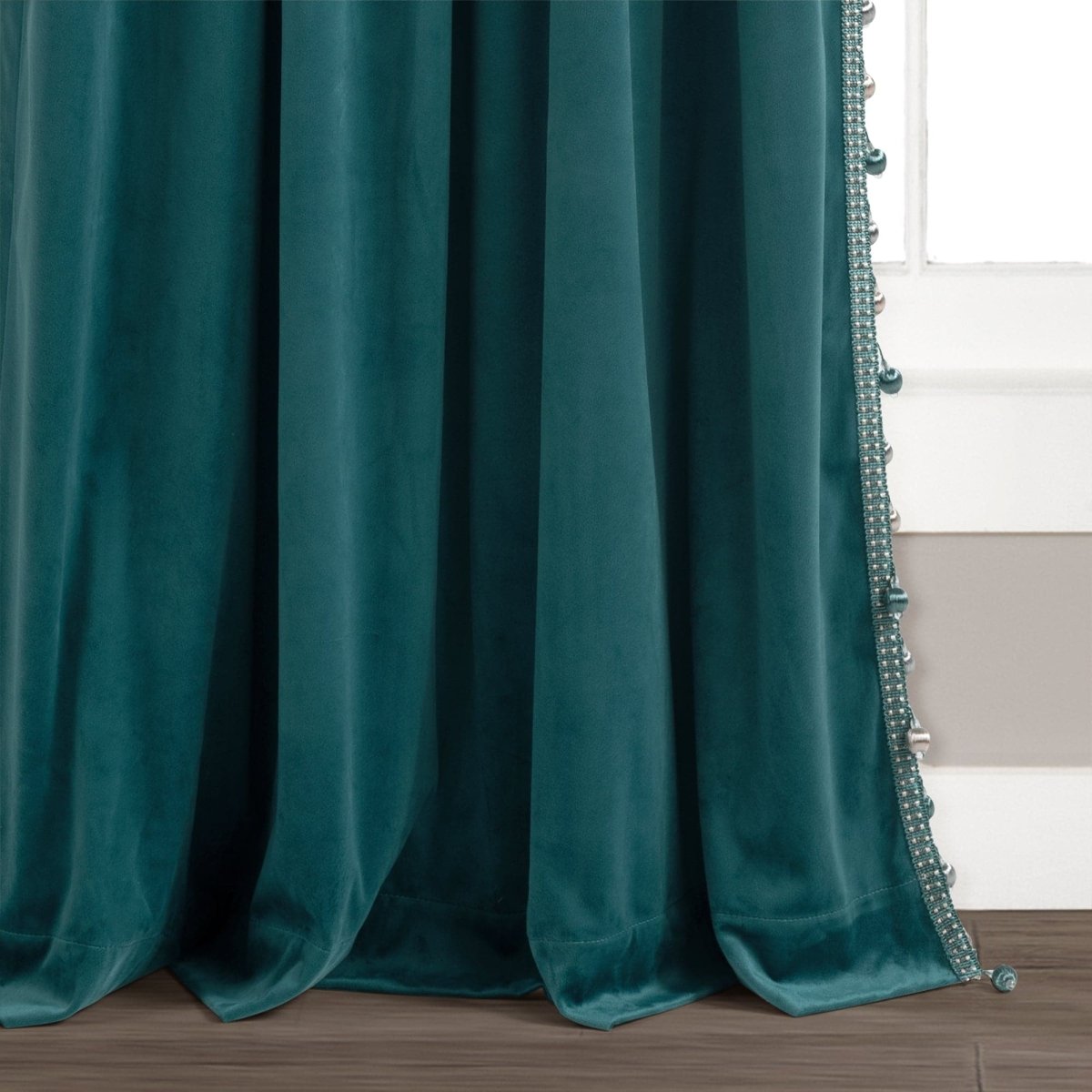 Luxury Vintage Velvet Window Curtain Panel with Silky Pompom Trim