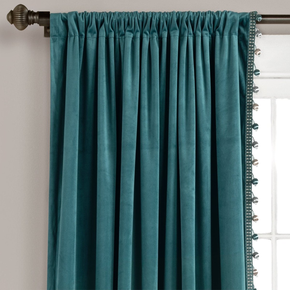 Luxury Vintage Velvet Window Curtain Panel with Silky Pompom Trim