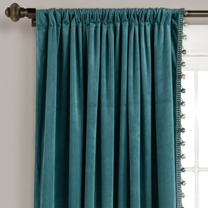 Luxury Vintage Velvet Window Curtain Panel with Silky Pompom Trim