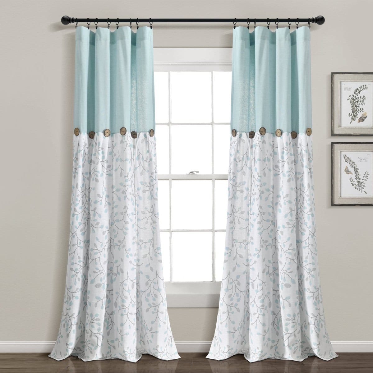 LushDecor Linen Button Botanical Garden Window Curtain Panel in Blue_Gray