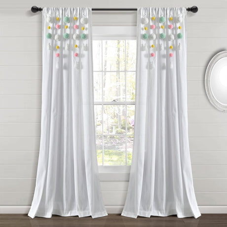 Boho Pom Pom Tassel Faux Linen Window Curtain Panel