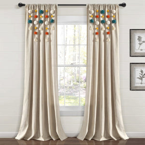 LushDecor Boho Pom Pom Tassel Faux Linen Window Curtain Panel in Turquoise_Orange