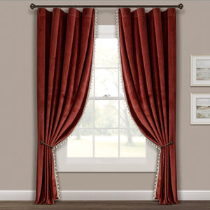 Luxury Vintage Velvet Window Curtain Panel with Silky Pompom Trim