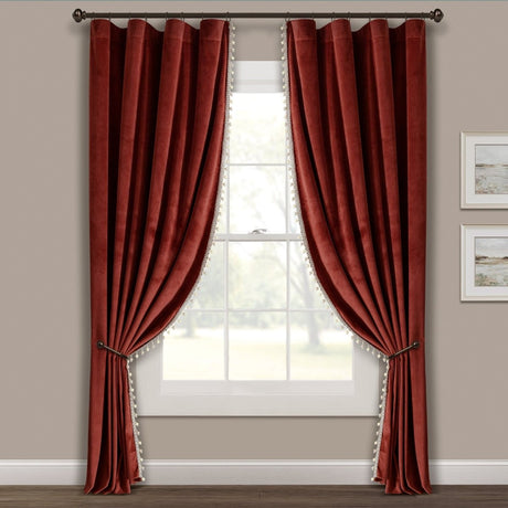 Luxury Vintage Velvet Window Curtain Panel with Silky Pompom Trim