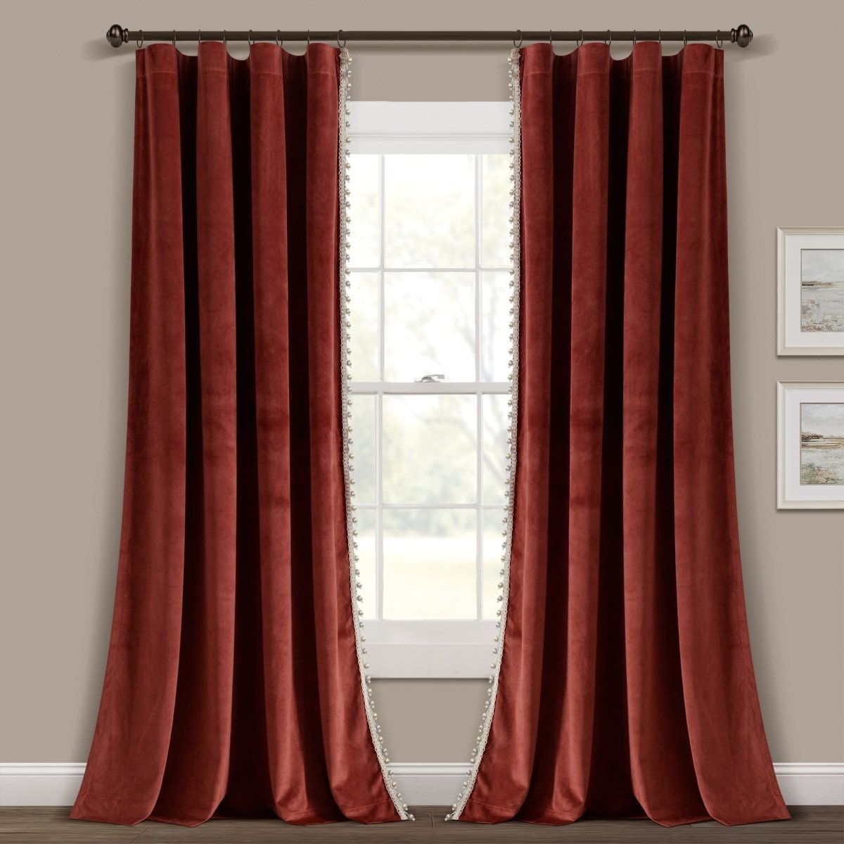 Luxury Vintage Velvet Window Curtain Panel with Silky Pompom Trim