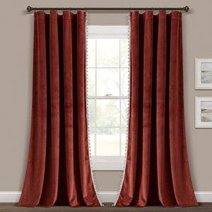 Luxury Vintage Velvet Window Curtain Panel with Silky Pompom Trim