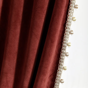 Luxury Vintage Velvet Window Curtain Panel with Silky Pompom Trim