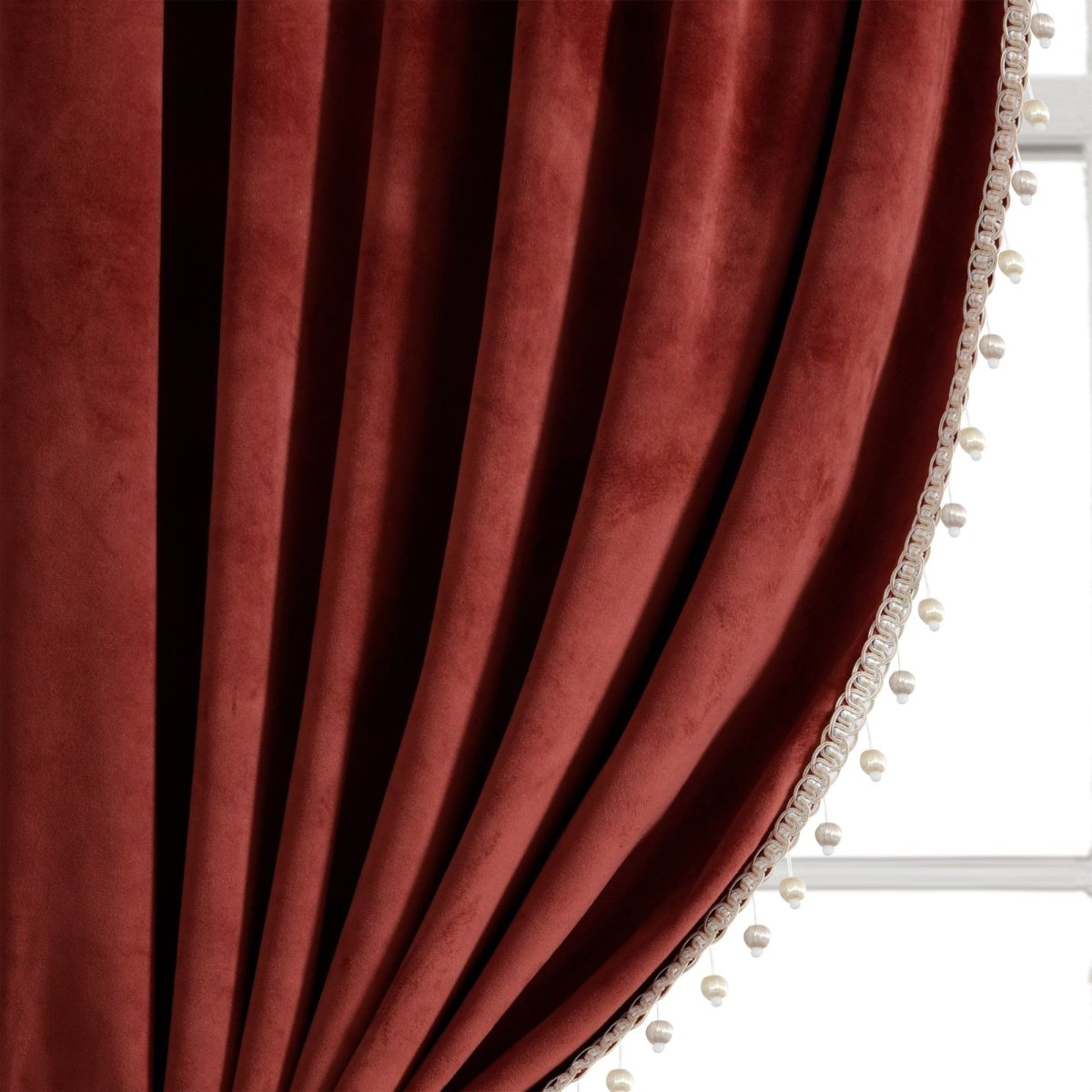 Luxury Vintage Velvet Window Curtain Panel with Silky Pompom Trim