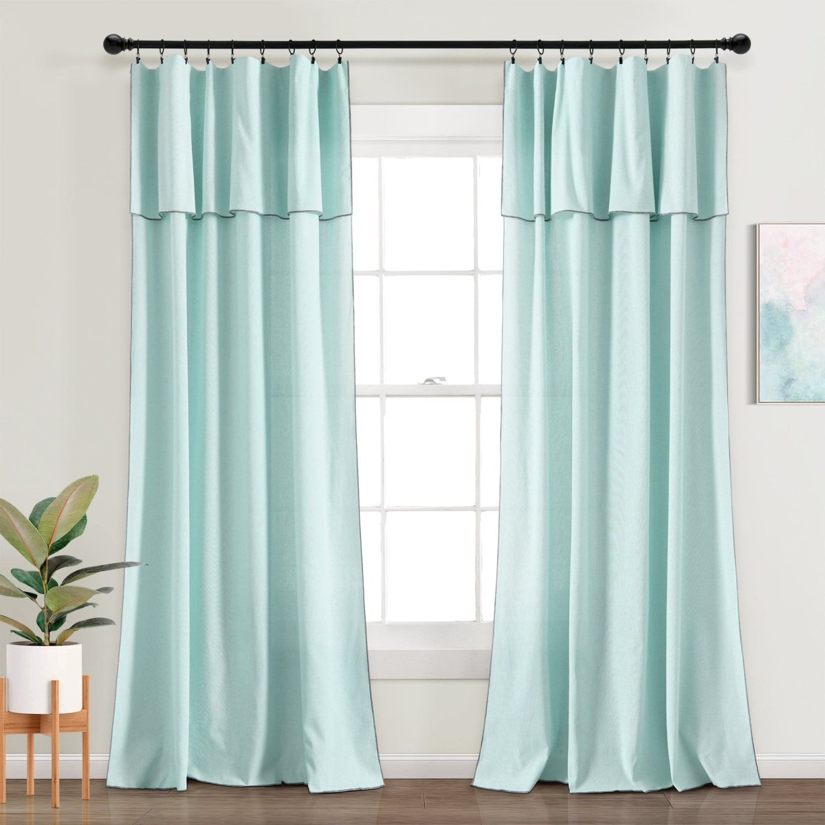 Modern Faux Linen Embroidered Edge Window Curtain Panel Set with Attached Valance