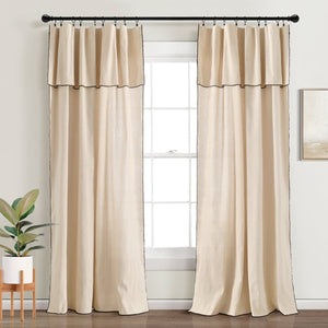 Modern Faux Linen Embroidered Edge Window Curtain Panel Set with Attached Valance