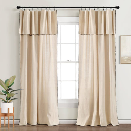 Modern Faux Linen Embroidered Edge Window Curtain Panel Set with Attached Valance
