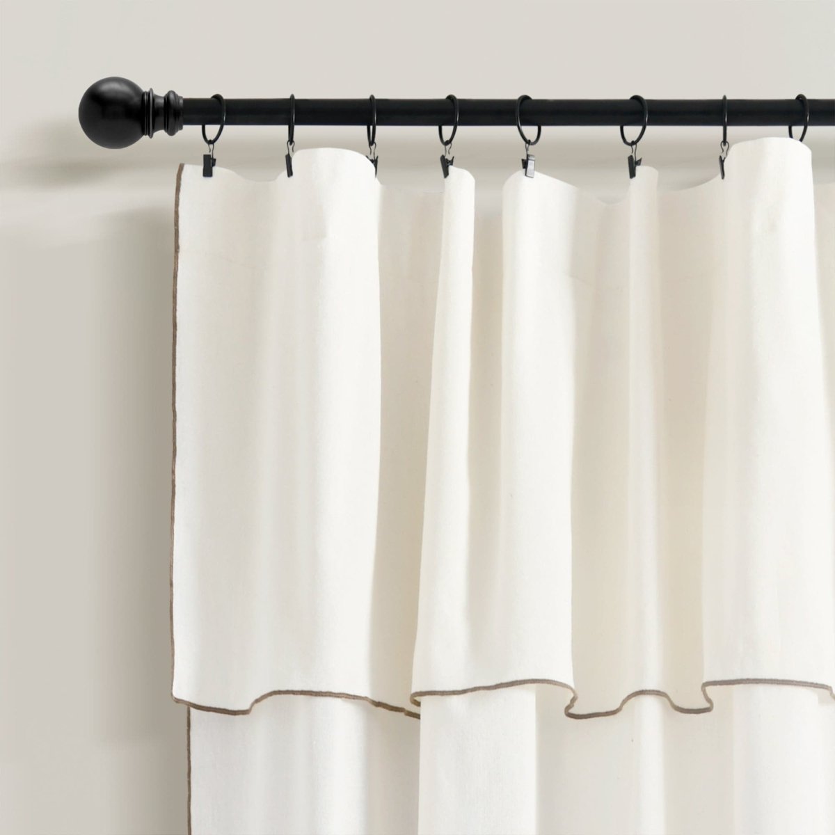 Modern Faux Linen Embroidered Edge Window Curtain Panel Set with Attached Valance