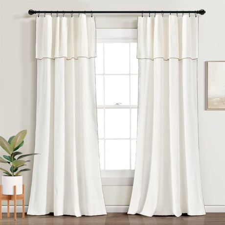 Modern Faux Linen Embroidered Edge Window Curtain Panel Set with Attached Valance