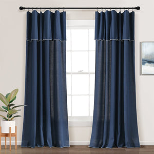 Modern Faux Linen Embroidered Edge Window Curtain Panel Set with Attached Valance