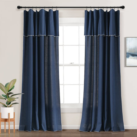 Modern Faux Linen Embroidered Edge Window Curtain Panel Set with Attached Valance