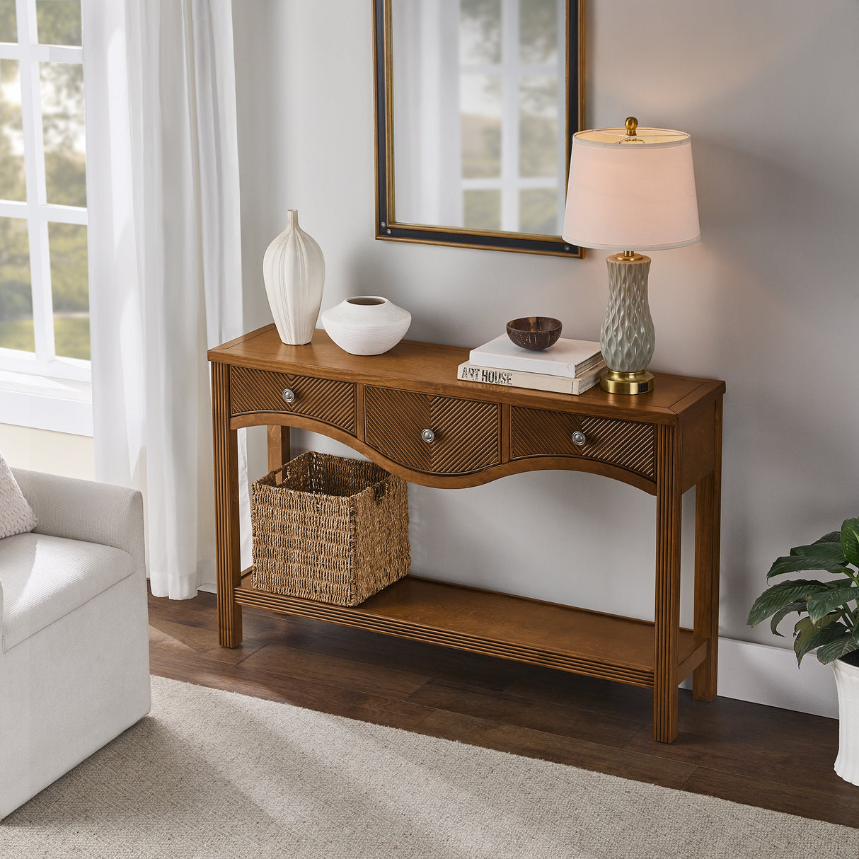 52'' Fluted Wood Console Table with 3 Drawers