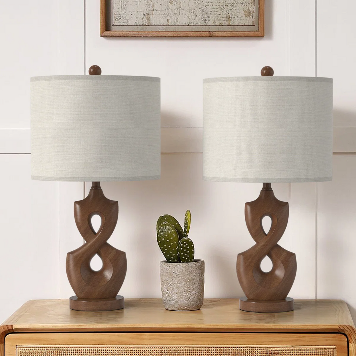 Resin Dimmable Table Lamp Pair with USB Ports, 24.5-Inch, Antique Natural