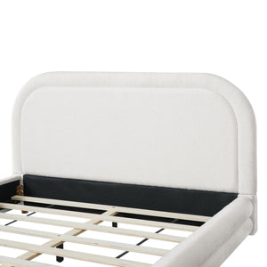 Queen Size Bed Frame With Boucle Upholstered Thick Curved Headboard, Solid Wood Legs