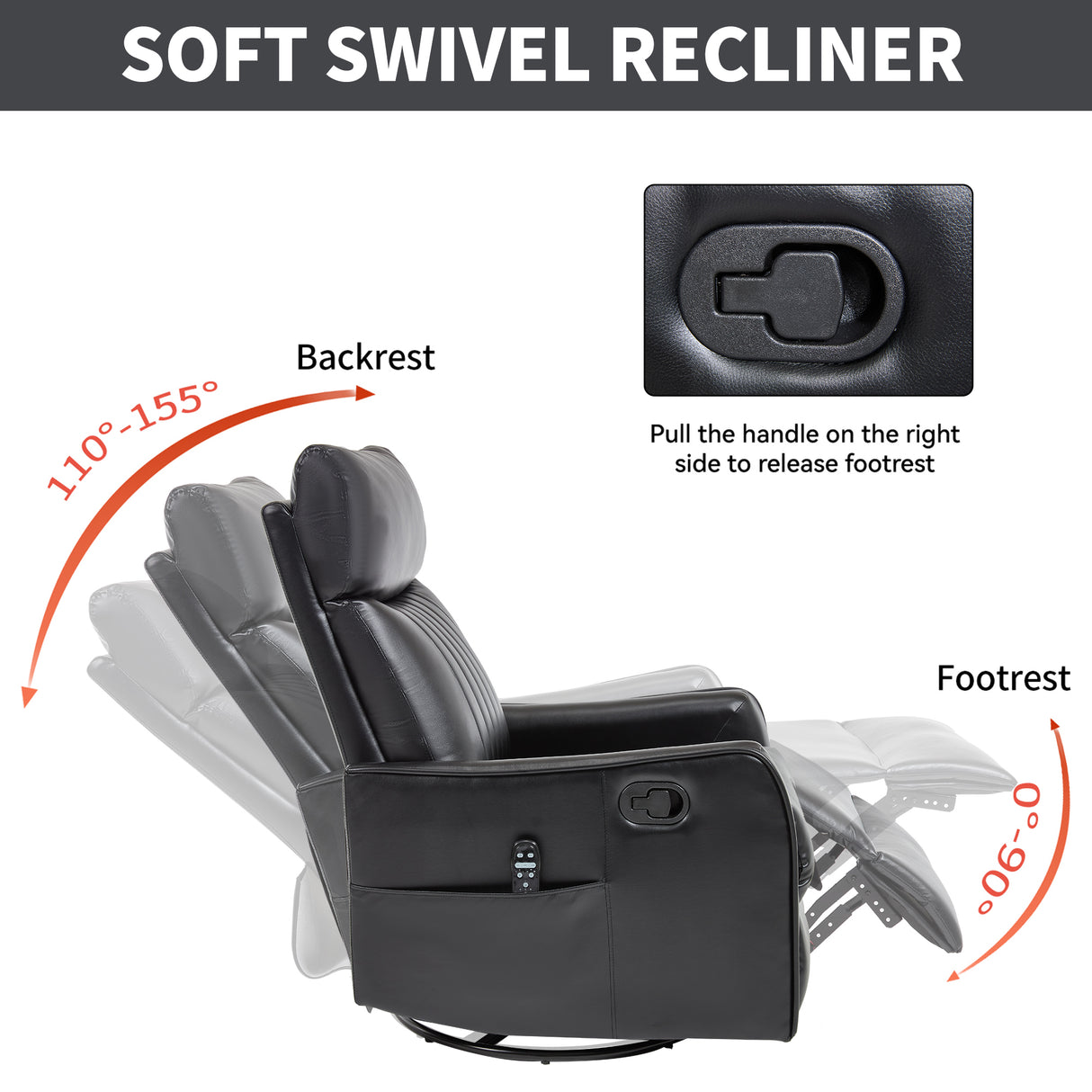 Black Faux Leather Heat Massage Manual Recliner Chair