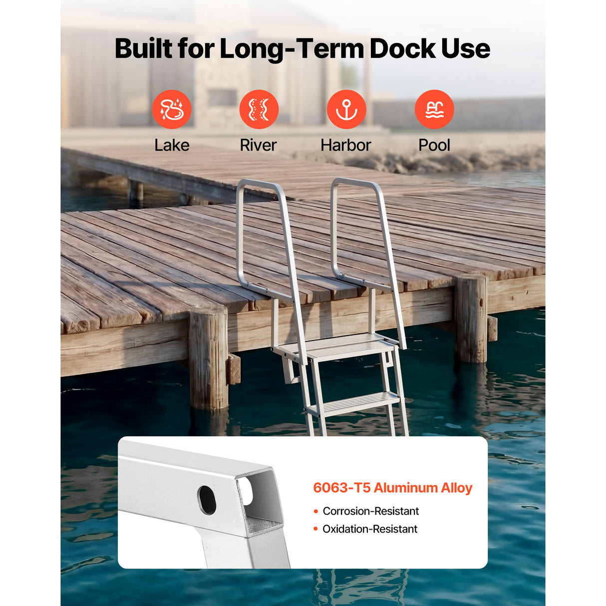 Flip-Up Dock Ladder, 4-Step, Heavy-Duty Aluminum Alloy Pontoon Boat Swim Ladder