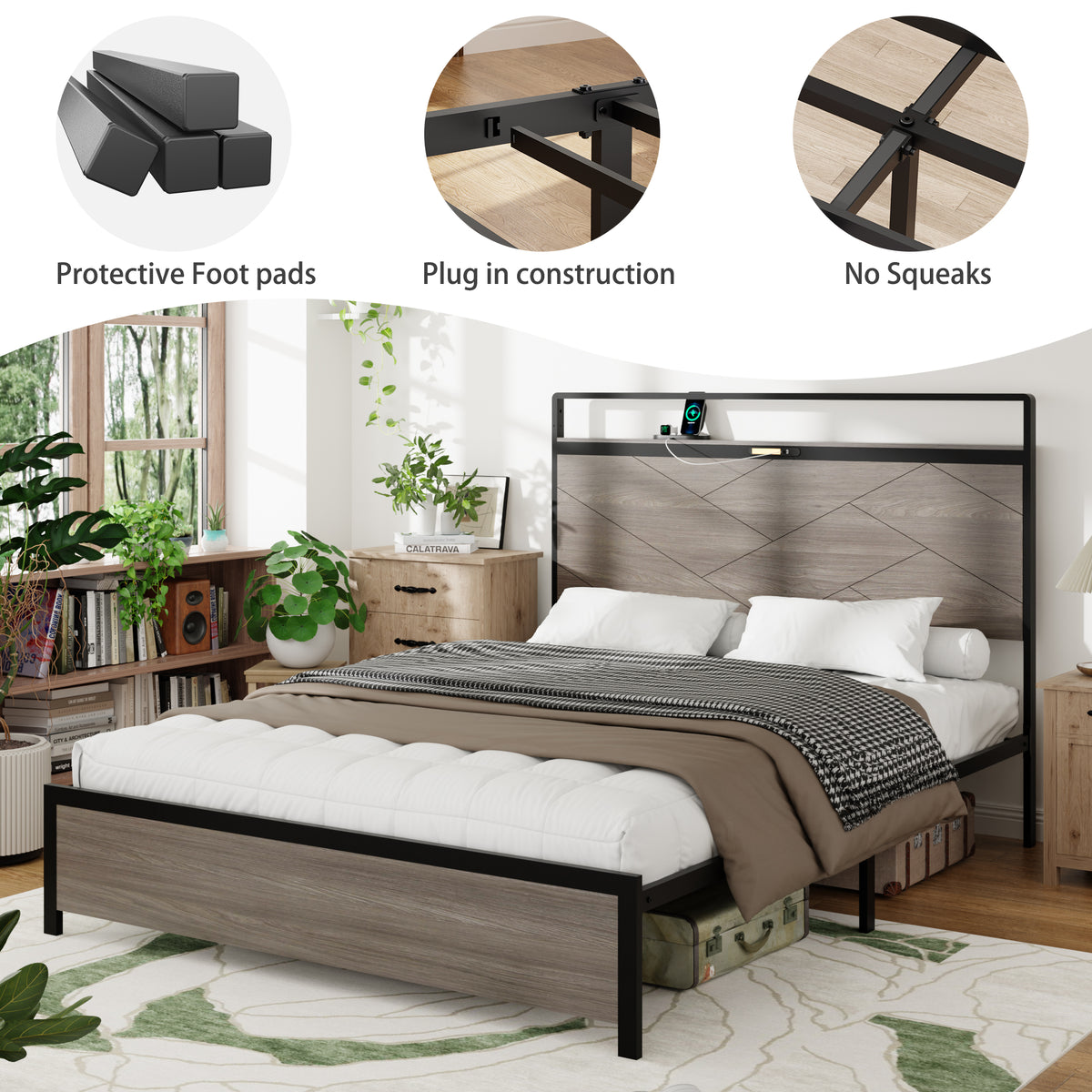Antique Full Size Wooden Platform Bed Frame with LED Light Headboard